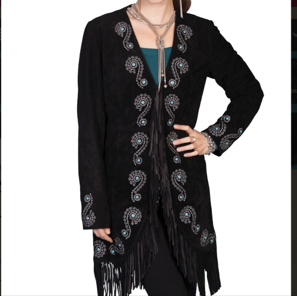 Scully Turquoise Leather & Pearl Fringe Jacket